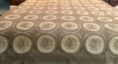 Vintage Taupe Crocheted and Embroidered Linen Tablecloth 74.5 x 90.5, 12 Napkins - Image 1 of 3