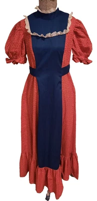 1970s Prairie Dress Puff Sleeve Red/Orange Ditsy Floral  & Navy, 36" Bust - Image 1 of 4