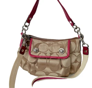Coach Crossbody Poppy Sateen Pocket Front Beige Signature C Pink Trim Convertabl - Picture 1 of 10