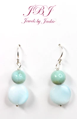 Larimar 蓝色天然硬币和球形宝石耳环 925 纯银 1 1/2 — 第 1/3 张图片