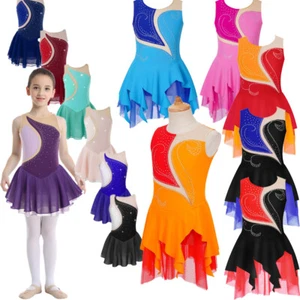 Girls Dresses Rhinestone Dress Skater Leotard Ballerina Costume Sparkling Kids - Picture 1 of 137