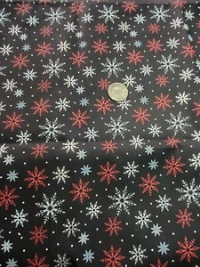 7/8 yds Red & Silver Snowflakes Black Background Fabric by David Textiles - Picture 1 of 2