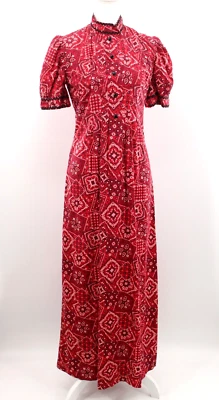 Винтажный женщин 60-х красный бандана печать прерии макси платье 1960-х S/M хлопок Puff рукав - Изображение 1 из 4