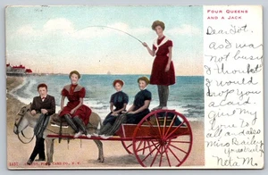 Postcard Four Queens and A Jack Humor Donkey Cart Woman Whip Riding Crop 1905 - Picture 1 of 2