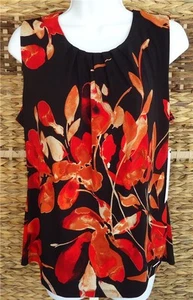CALVIN KLEIN BLACK MULTI FLORAL PRINT PLEAT NECK SLEEVELESS TOP SIZE L NWT $49 - Picture 1 of 6