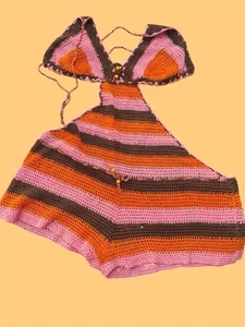 Crochet One-piece Stripped Swimwear Short Swimsuit, Bikini Top Orange Brown Pink - Picture 1 of 2