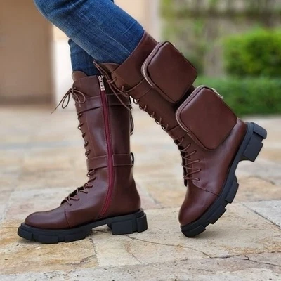 Women's Wine Lace up High Combat Boots Lug Sole - Image 1 of 4