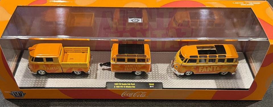 New M2 MACHINES 1960 VW DOUBLE CAB W/ TRAILER & 1960 VW 15 WINDOW BUS HAULER HTF - Image 1 of 4