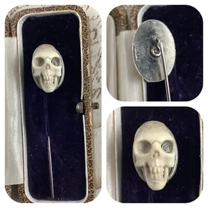 Memento Mori Carved Skull Stick Pin Sterling diamond Eye - Picture 1 of 4