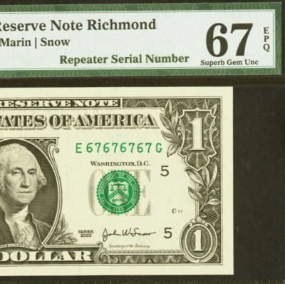 2003 $1 FRN PMG 67EPQ - Birthday Super Repeater Serial 67676767 Rare! - Image 1 of 3