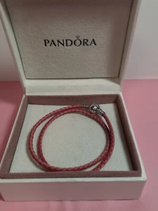 60AB NWOT AUTH PANDORA 16" PINK DOUBLE WRAP BRAIDED LEATHER BRACELET BALL CLASP - Picture 1 of 5