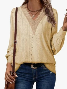 SHEWIN V Neck Long Sleeve Solid Tunic Top for Women (US 18-20) 2XL Yellow Eyelet - Picture 1 of 10