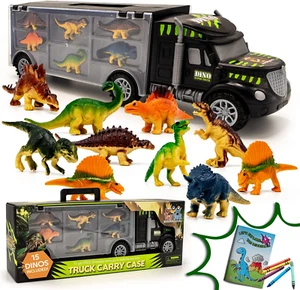 Dinosaur Truck Carrier Toy with 15 Dinos Includes Coloring Book + Crayons NEW - Picture 1 of 8