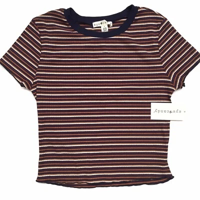 Striped Ribbed Stretch Crop Top Sz L Juniors Navy Brown Eye Candy New - Image 1 of 4