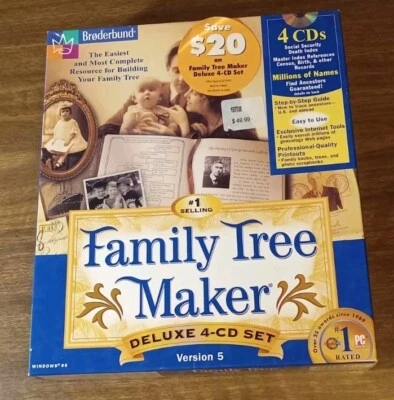 Broderbund NEW Open Box Unused 4 CD Set FAMILY TREE MAKER Deluxe 5 Windows 95/98 - Image 1 of 4