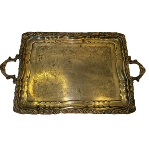 Ornate Antique Egyptian Scene Etched Brass Twin Handle Serving Tray W Handles - Picture 1 of 8