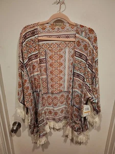 Democracy NWT Colorful Fringed Kimono Cardigan Jacket Cover Up Sz S Boho Beach - Picture 1 of 8