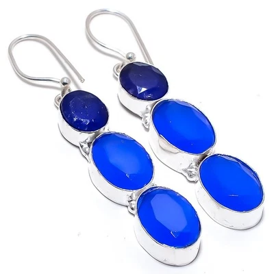 Blu Onice, Giada Gemma Artigianale 925 Argento Sterling Gioielli Orecchino 5.8cm - Immagine 1 di 4