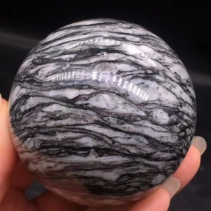 Natural Black Line Stone Crystal Quartz Ball+Free Stand Healing Decorate 1PC - Picture 1 of 23