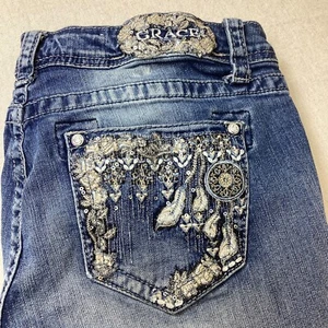 Grace in LA Jeans Womens 31 Blue Denim Boot Cut Low Rise Embroidered Studded - Picture 1 of 21