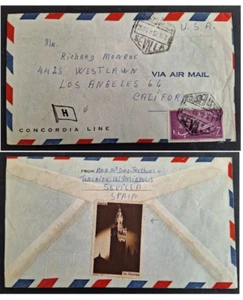 RARE 1958 Spain Concordia Line Airmail Cover ties 7P stamp & Cinderella Seville - Picture 1 of 3