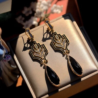 Ohrringe Art Déco Dormeuse Golden Fassung Cz Tropf Glas Schwarz Lang QD33 - Bild 1 von 4