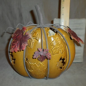 Ceramic Pumpkin Candle Holder Fall Thanksgiving Decor Metal Cage  - Picture 1 of 7