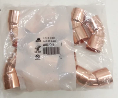 Mueller WB03044 1" C x 1" C 45° Wrot Copper Elbow C-Cup F Solder 1-1/8" OD 10pk - Image 1 of 4