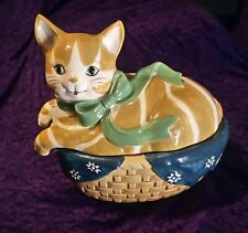 Vintage Cookie Jar Cat in Basket Ceramic B&D Japan Brown White Green