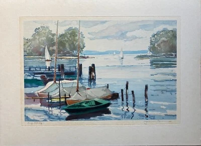 Große Radierung Aquatinta Boote am Seeufer unleserlich signiert 42,8 x 58,8 cm - Bild 1 von 4