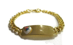 New Vintage Gold Plated Name Tag ID Link Floral Heart Cameo Bracelet  - Imagen 1 de 6