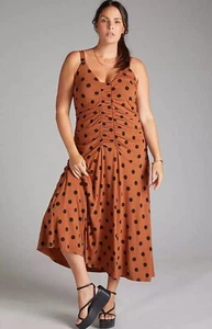 Anthropologie Polka Dot Midi Dress Brown Ruched Size UK 20-22 2X By Maeve - Picture 1 of 14