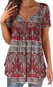 Women Floral Button Neck T-Shirt Summer Short Sleeve Casual Loose Tunic Tops 4XL - Picture 1 of 12