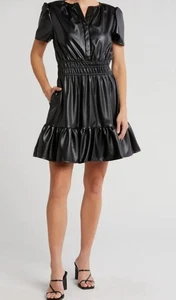 GREY COLLECTIVE Kunstleder Kleid Schwarz Fit and Flare Rüschen Gesmokt XL Neu mit Etikett - Bild 1 von 4