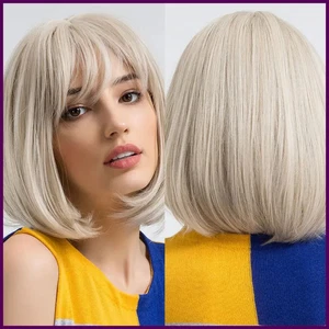 Peluca corta Bob rubia platino con flequillo sintético natural rubio recto - Imagen 1 de 29