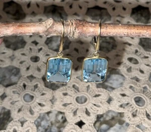 New 14K Genuine Blue Topaz Faceted Earrings 8 Carats - Picture 1 of 7