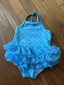 Swimsuit Baby Infant Size 6-9 Months Aqua Polka Dot Tutu Striped One Piece Swim - Picture 1 of 3