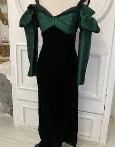 Vintage Gunne Sax Jessica McClintock 5/6 Green Taffeta Black Velvet Victorian - Picture 1 of 16