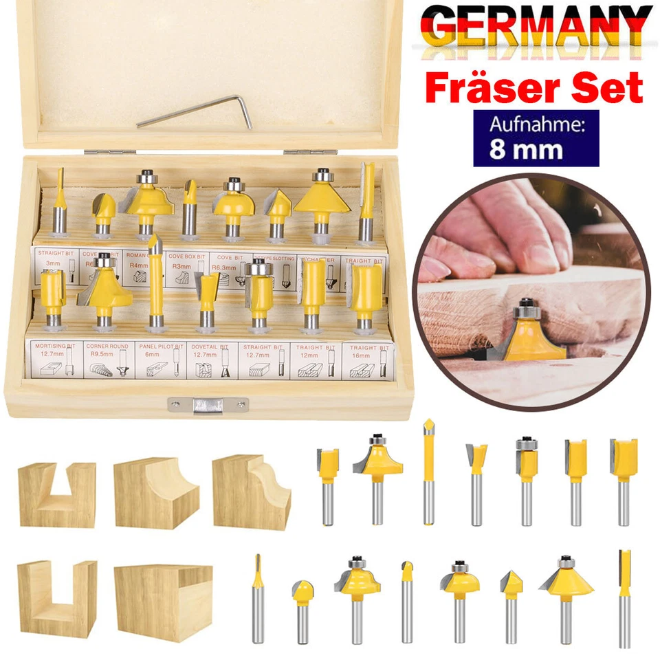 15tlg 8mm Fräsersatz HM Oberfräser-Set Schaft Nutfräser für Oberfräse Holzfräser - Bild 1 von 4