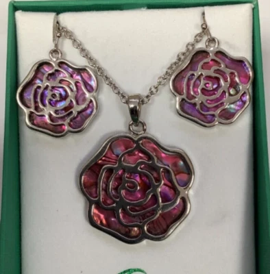 Pink Rose Inlaid Paua Shell Pendant And Matching Earrings - Reduced To Clear - Imagem 1 de 3