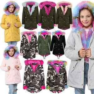 Kids Hooded Jacket Girls Rainbow Fur School Parka Jackets Outwear Coat 2-13 Yrs - Picture 1 of 19