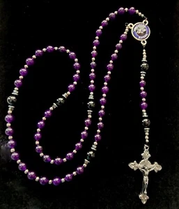 Baltimore Ravens Rosary Necklace Football Black Onyx and Dk Purple Jade Gemstone - Picture 1 of 15