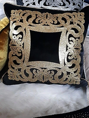 Dekokissen,"Florence",Samt,Brokat,Schwarz,Gold,elegant,luxuriös,60x60cm,Loft, - Bild 1 von 4