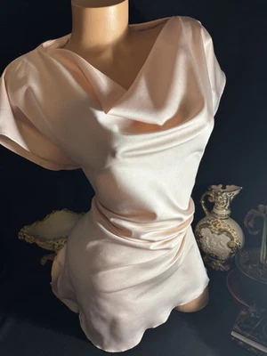 De Colección Satén Rosa Brillante Camisón Vestido Túnica TOP Vestido Capucha Cuello Camisón Vestido Foto 1 de 4