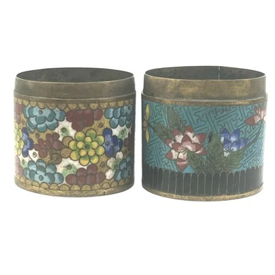 Antiguo par de tarros florales de latón esmaltados Cloissone sin tapas siglo XIX Foto 1 de 4