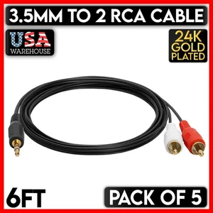 3.5mm Plug to 2 RCA Plug Cable 6FT Stereo Dual RCA AUX Speaker Cord Male 5 PCS - Picture 1 of 5