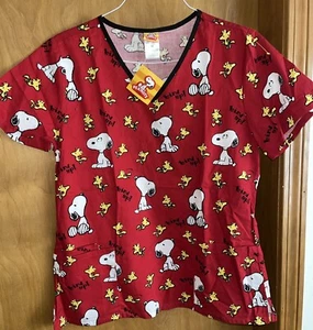 PEANUTS SNOOPY WOODSTOCK SCRUBS SHIRT M RED V NECK BIRD UP COTTON STRETCH(B51) - Picture 1 of 4