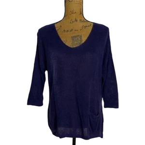 J.Jill Sweater MED Dark Blue 100% Linen Hi Lo Hem 3/4 Sl Drop Shoulder Stretch - Picture 1 of 7