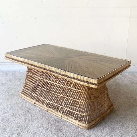 1980s Boho Chic Buri Rattan Smoked Glass Top Coffee Table Cover