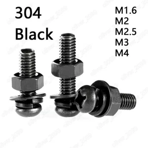 Tornillos de cabeza de sartén negros de acero inoxidable 304 tuercas hexagonales lavadora de resorte plano - Imagen 1 de 4